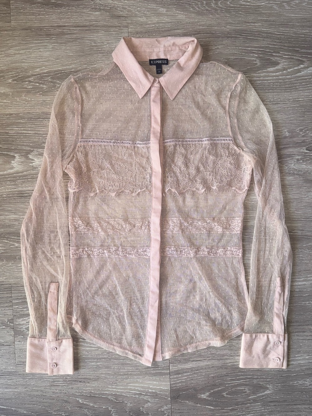 Express Light Pink Sheer Lace Button-Up Shirt